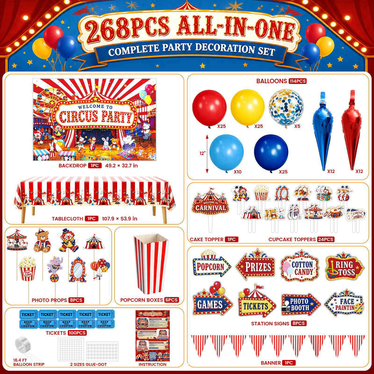 LovesTown 268PCS Carnival Theme Party Decorations with 114 Balloons – close-up detail in Multi