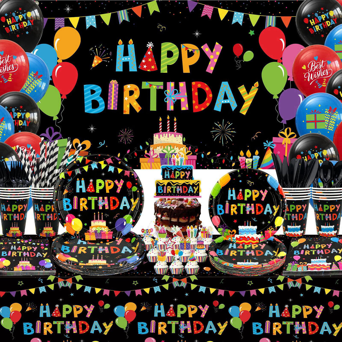 Obussgar Colorful Black Party Decorations - Black and Colourful Party Supplies including Backdrop, Plate, Cake Topper, C