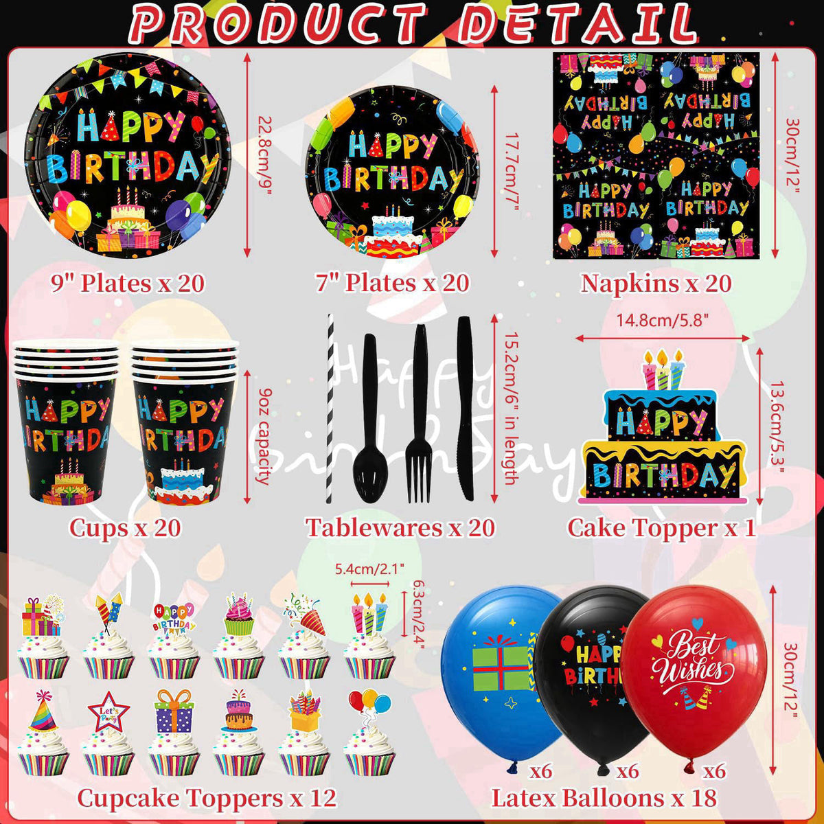 Obussgar Colorful Black Party Decorations - Black and Colourful Party Supplies including Backdrop, Plate, Cake Topper, C