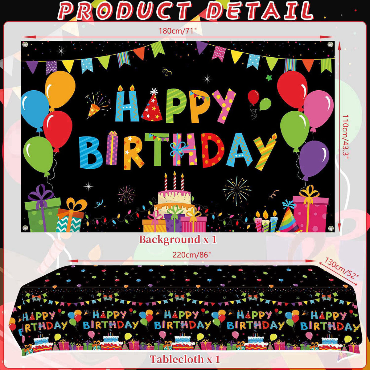 Obussgar Colorful Black Party Decorations - Black and Colourful Party Supplies including Backdrop, Plate, Cake Topper, C