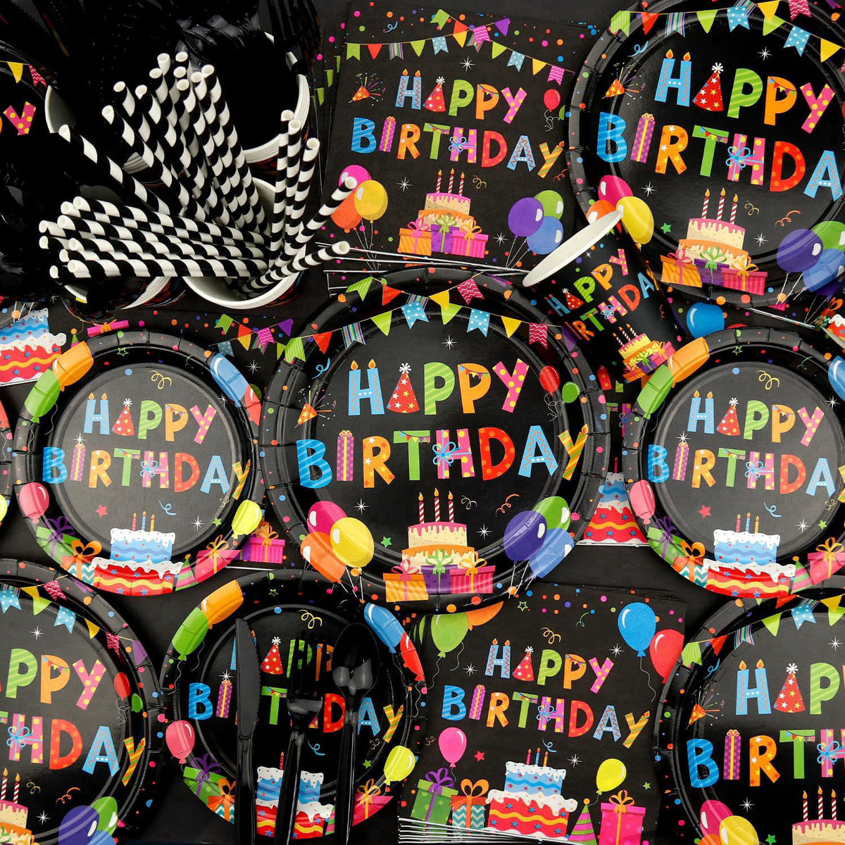 Obussgar Colorful Black Party Decorations - Black and Colourful Party Supplies including Backdrop, Plate, Cake Topper, C