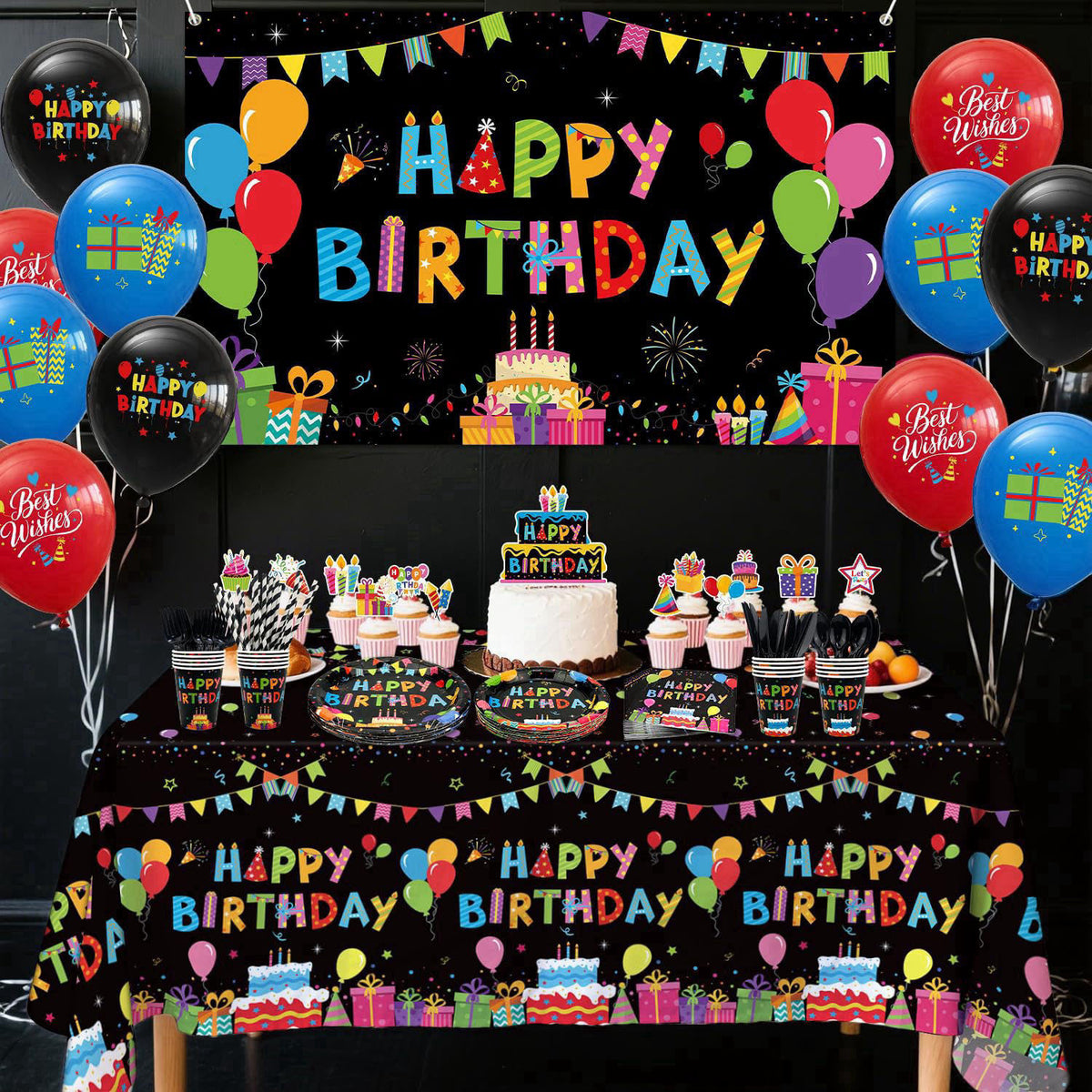Obussgar Colorful Black Party Decorations - Black and Colourful Party Supplies including Backdrop, Plate, Cake Topper, C
