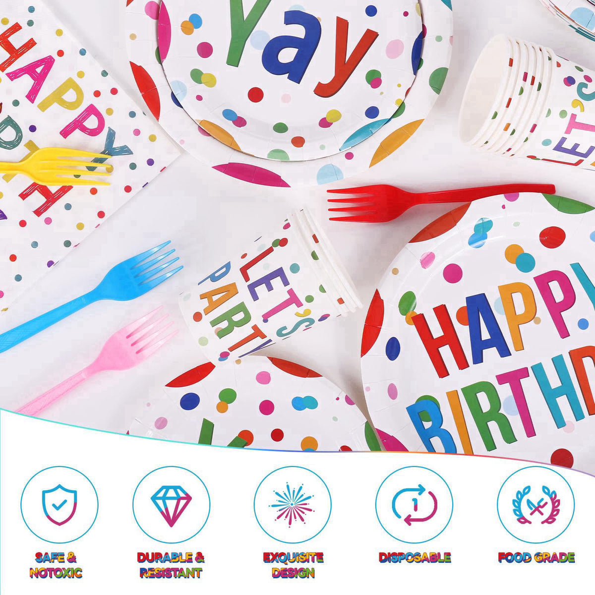 Miucat Happy Birthday Decorations - 156pc Birthday Party Supplies Set with Birthday Plates and Napkins, Happy Birthday B