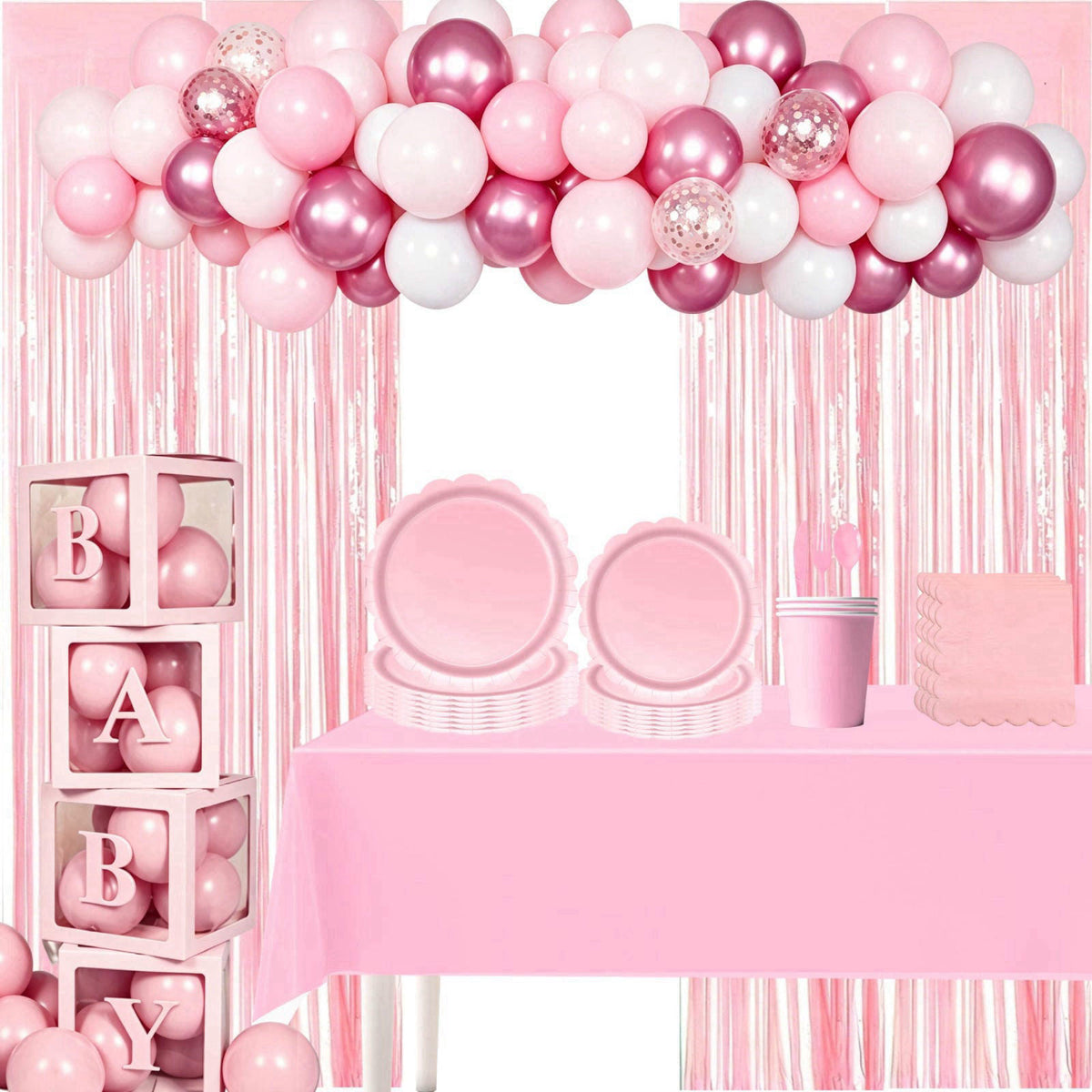 ZSYFXT 287PCS Light Pink Party Supplies Disposable Dinnerware Set Include Paper Plates Cups Napkins Cutlery Foil Curtain