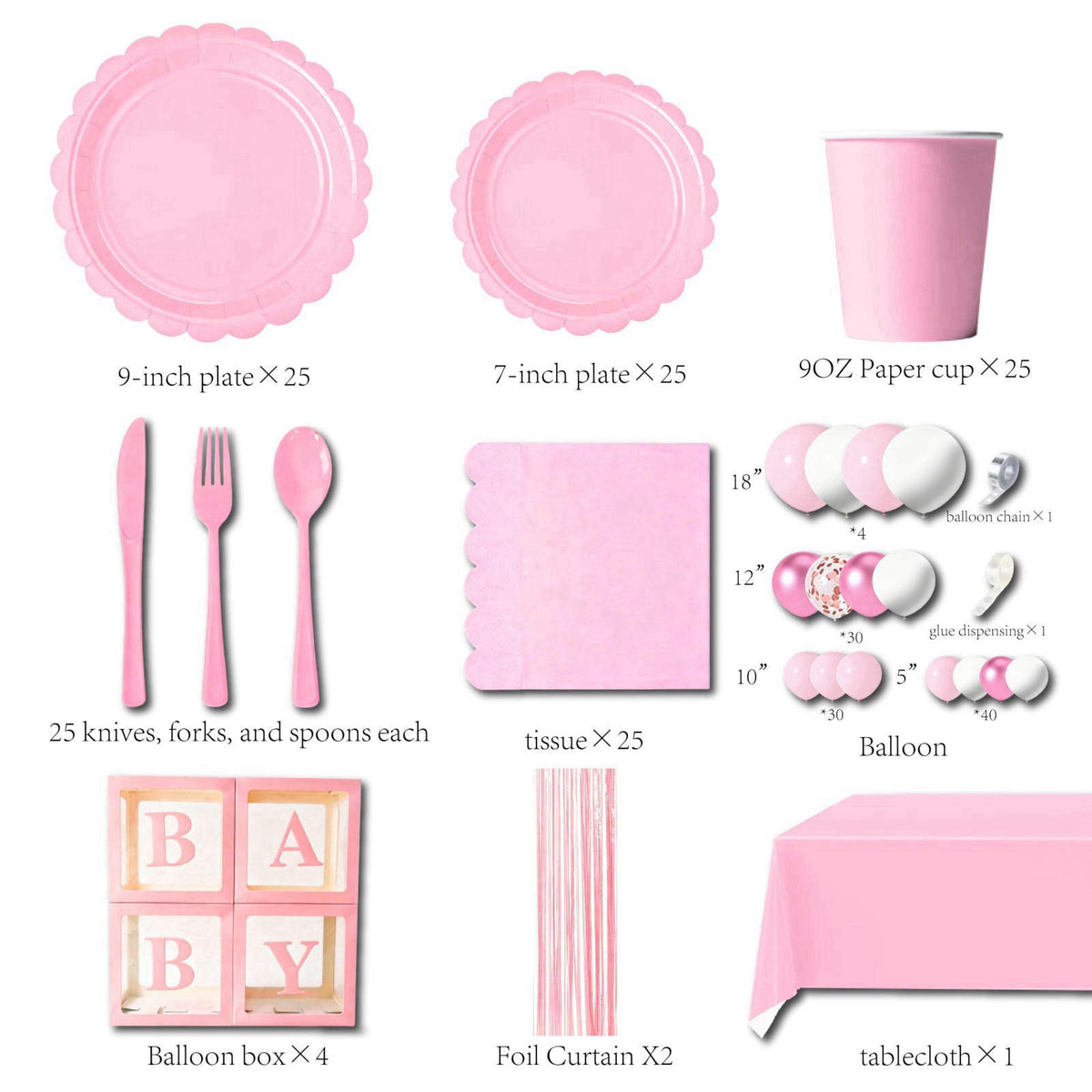 ZSYFXT 287PCS Light Pink Party Supplies Disposable Dinnerware Set Include Paper Plates Cups Napkins Cutlery Foil Curtain