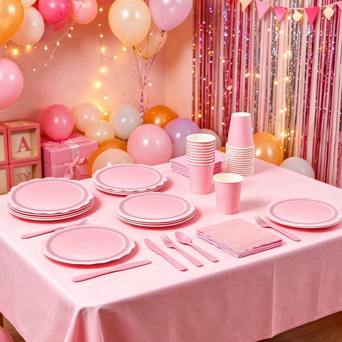 ZSYFXT 287PCS Light Pink Party Supplies Disposable Dinnerware Set Include Paper Plates Cups Napkins Cutlery Foil Curtain