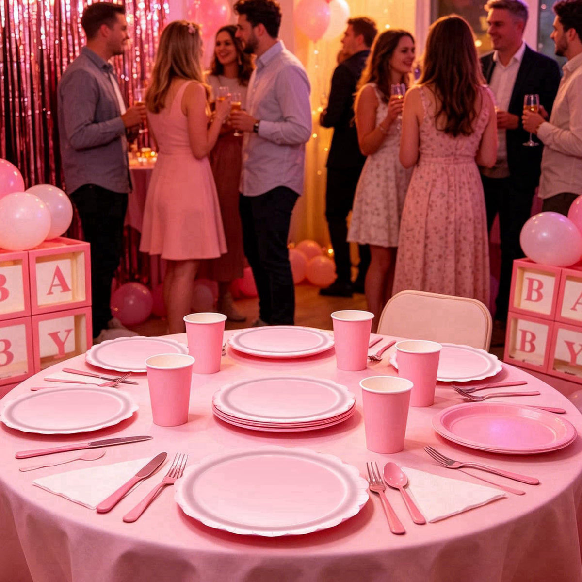 ZSYFXT 287PCS Light Pink Party Supplies Disposable Dinnerware Set Include Paper Plates Cups Napkins Cutlery Foil Curtain
