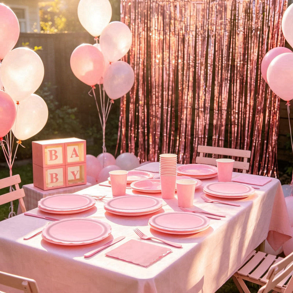ZSYFXT 287PCS Light Pink Party Supplies Disposable Dinnerware Set Include Paper Plates Cups Napkins Cutlery Foil Curtain