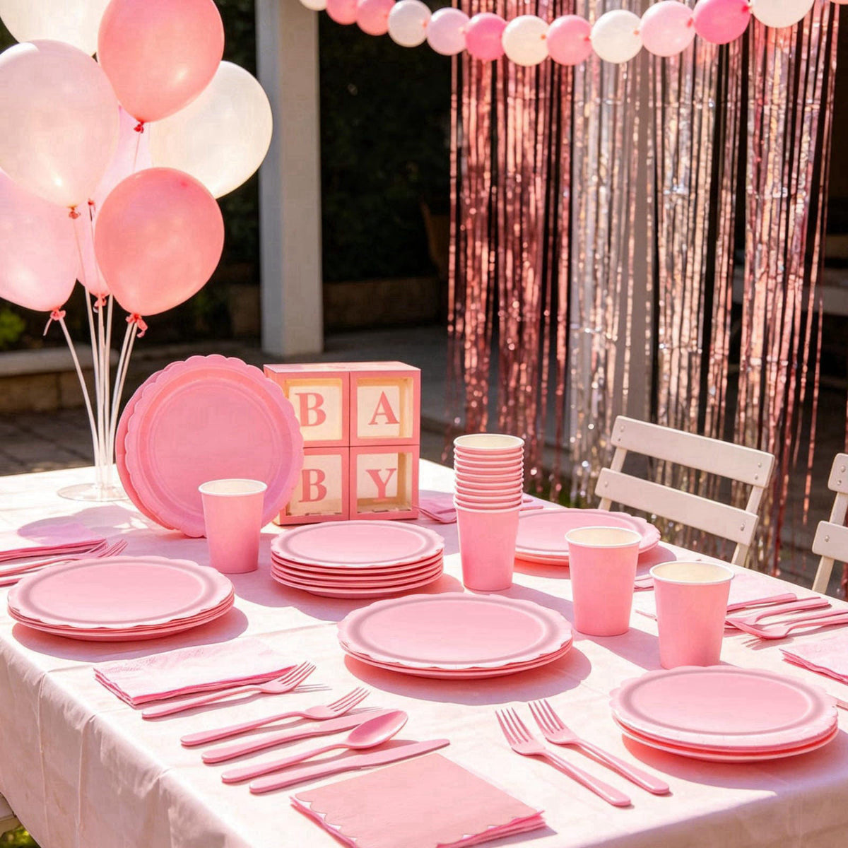 ZSYFXT 287PCS Light Pink Party Supplies Disposable Dinnerware Set Include Paper Plates Cups Napkins Cutlery Foil Curtain