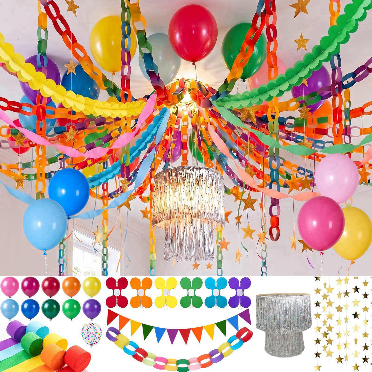 TaoBary Rainbow Party Decorations 492ft Crepe Streamers 600 Sheet Paper Chain Garland 1 Fringe Tinsel Chandelier 6 Four 