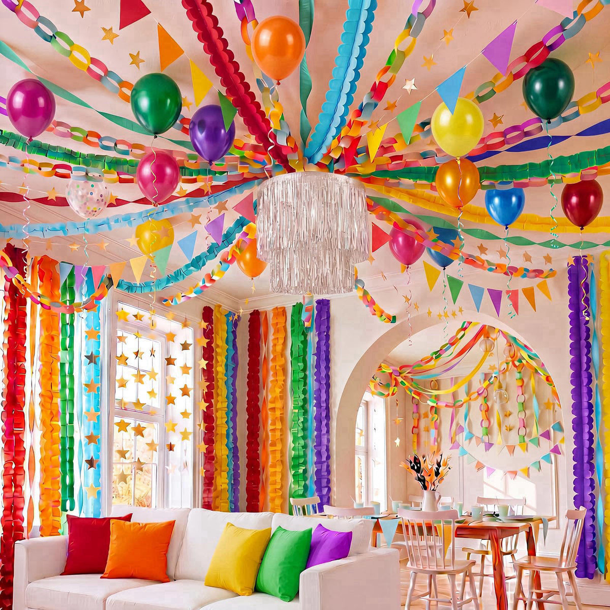 TaoBary Rainbow Party Decorations 492ft Crepe Streamers 600 Sheet Paper Chain Garland 1 Fringe Tinsel Chandelier 6 Four 