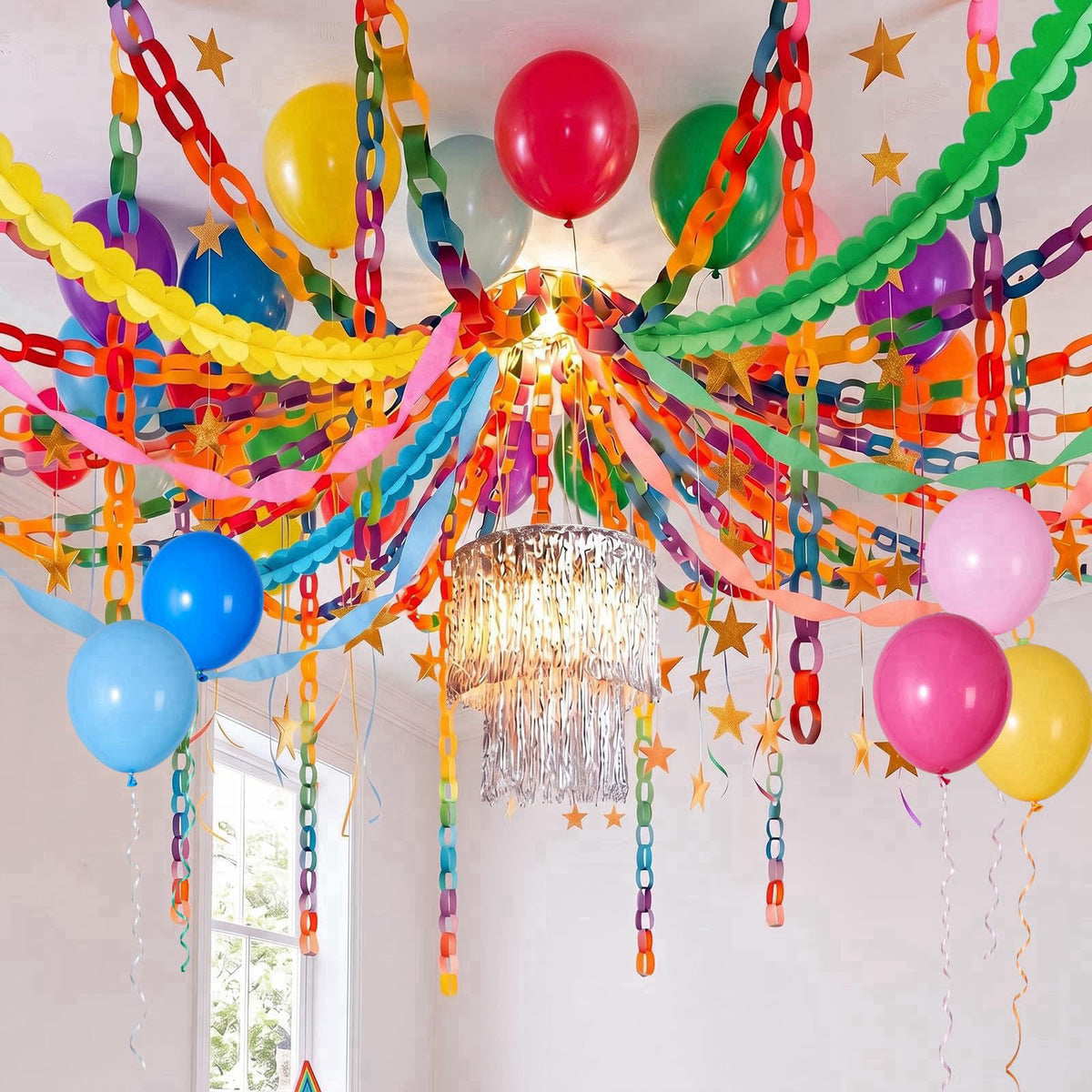 TaoBary Rainbow Party Decorations 492ft Crepe Streamers 600 Sheet Paper Chain Garland 1 Fringe Tinsel Chandelier 6 Four 