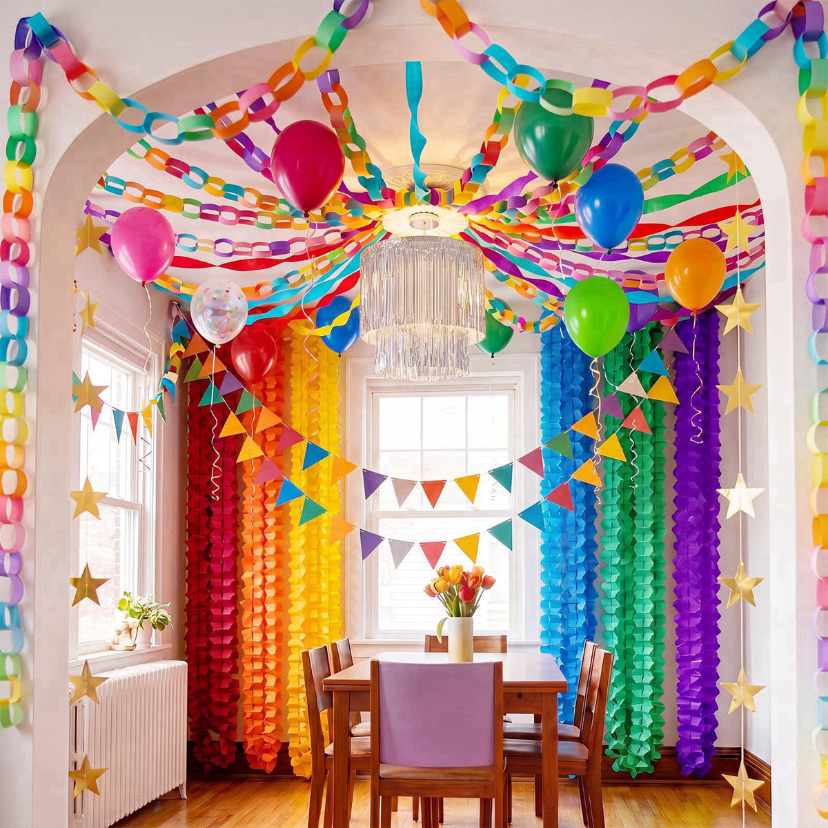 TaoBary Rainbow Party Decorations 492ft Crepe Streamers 600 Sheet Paper Chain Garland 1 Fringe Tinsel Chandelier 6 Four 