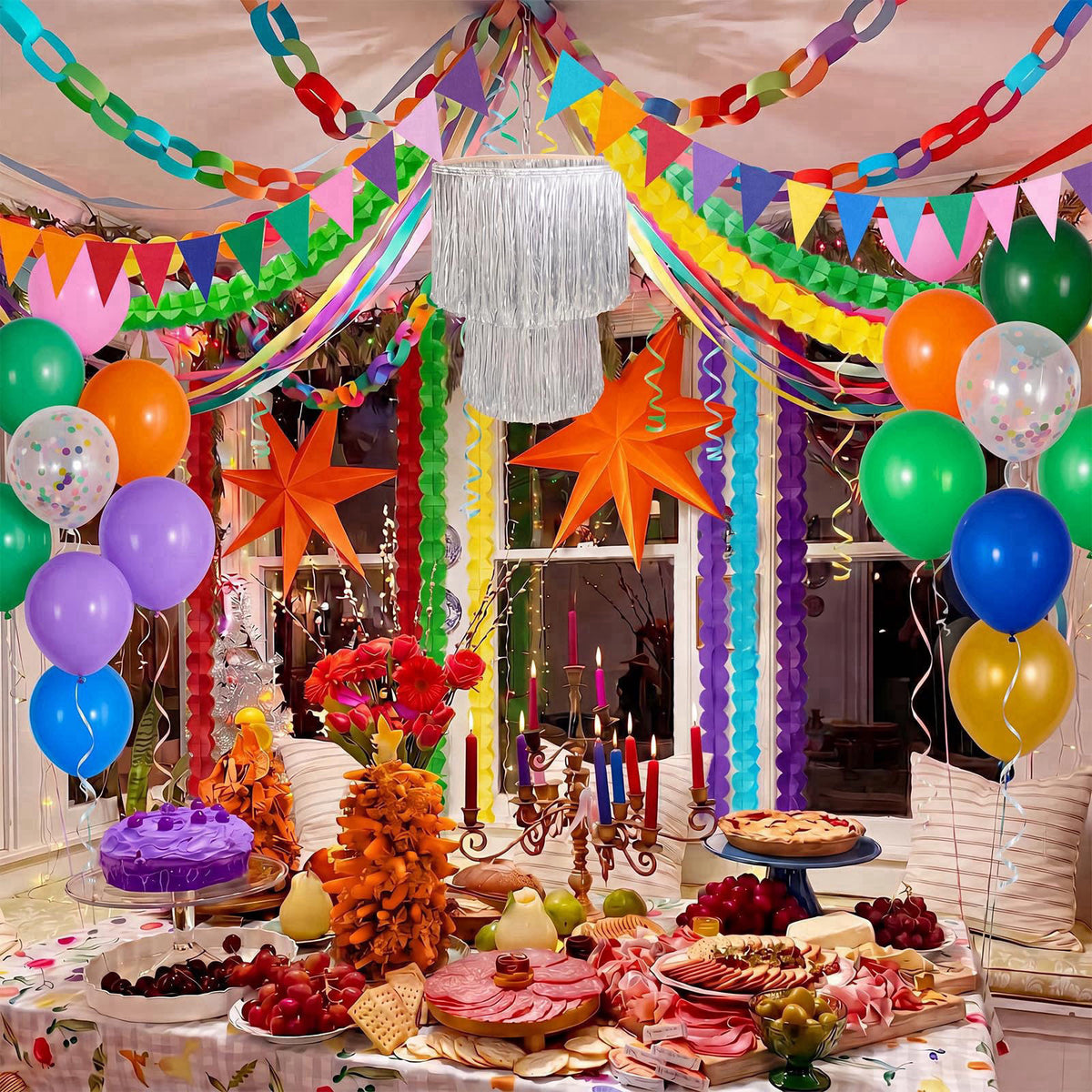 TaoBary Rainbow Party Decorations 492ft Crepe Streamers 600 Sheet Paper Chain Garland 1 Fringe Tinsel Chandelier 6 Four 