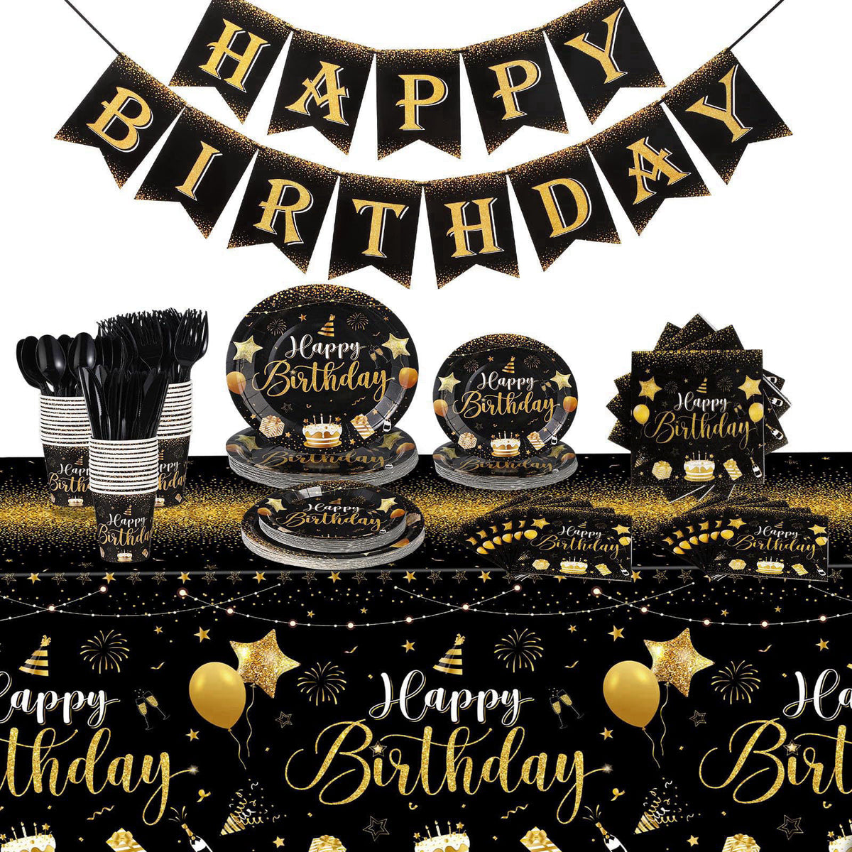 Vesici 171 Pcs Happy Birthday Party Supplies 24 Set Table, Black, Gold – product photo (Party Packs)