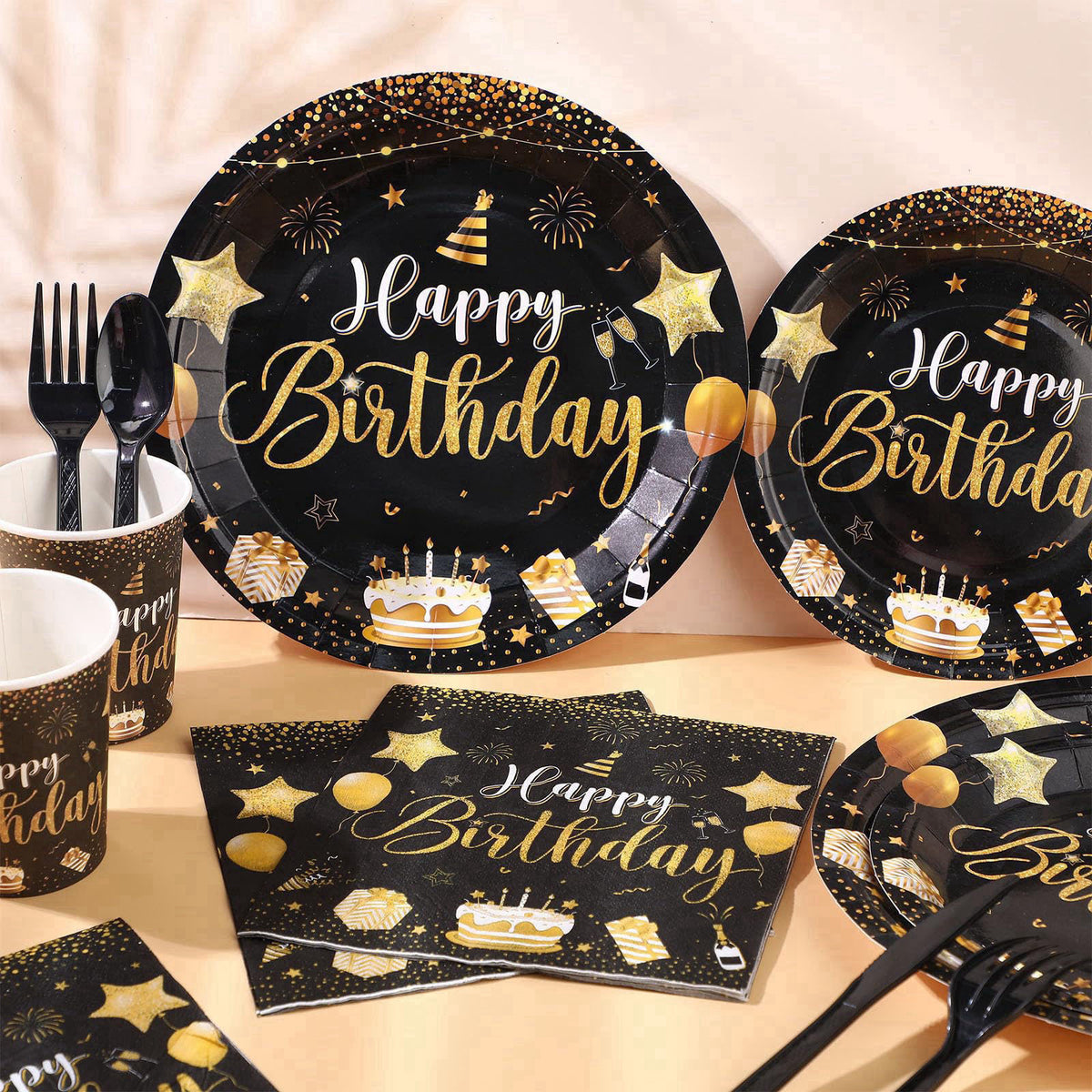 Vesici 171 Pcs Happy Birthday Party Supplies 24 Set Table, Black, Gold – close-up detail
