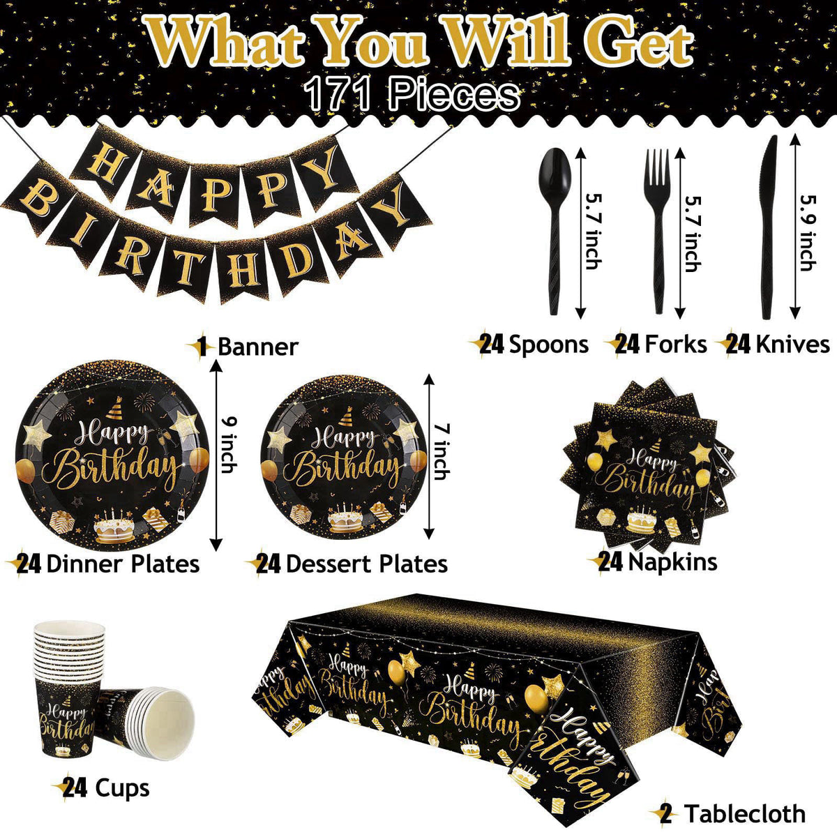 Vesici 171 Pcs Happy Birthday Party Supplies 24 Set Table, Black, Gold – packaging and label