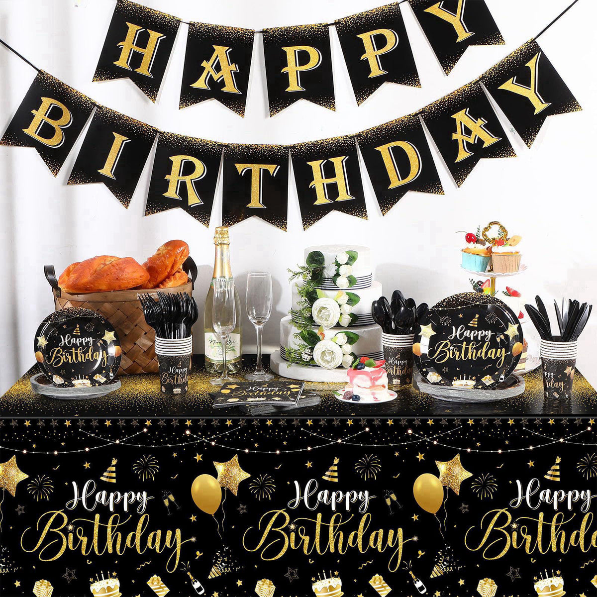 Vesici 171 Pcs Happy Birthday Party Supplies 24 Set Table, Black, Gold – full view