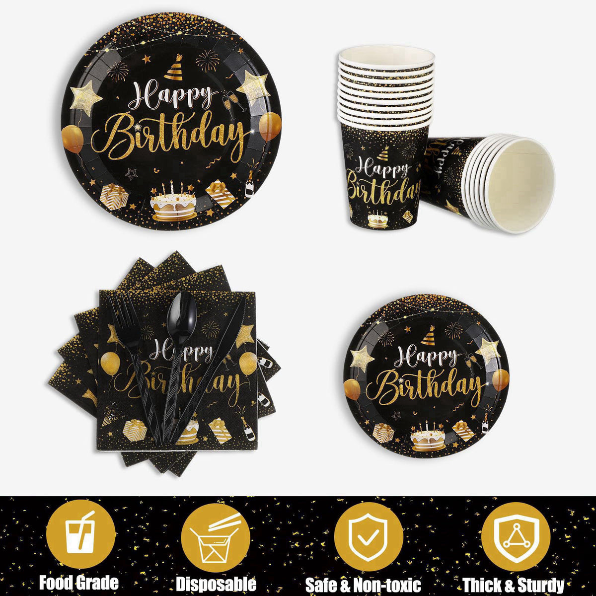 Vesici 171 Pcs Happy Birthday Party Supplies 24 Set Table, Black, Gold – back view and specifications