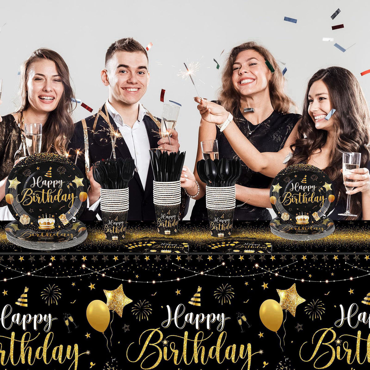 Vesici 171 Pcs Happy Birthday Party Supplies 24 Set Table, Black, Gold – alternate angle
