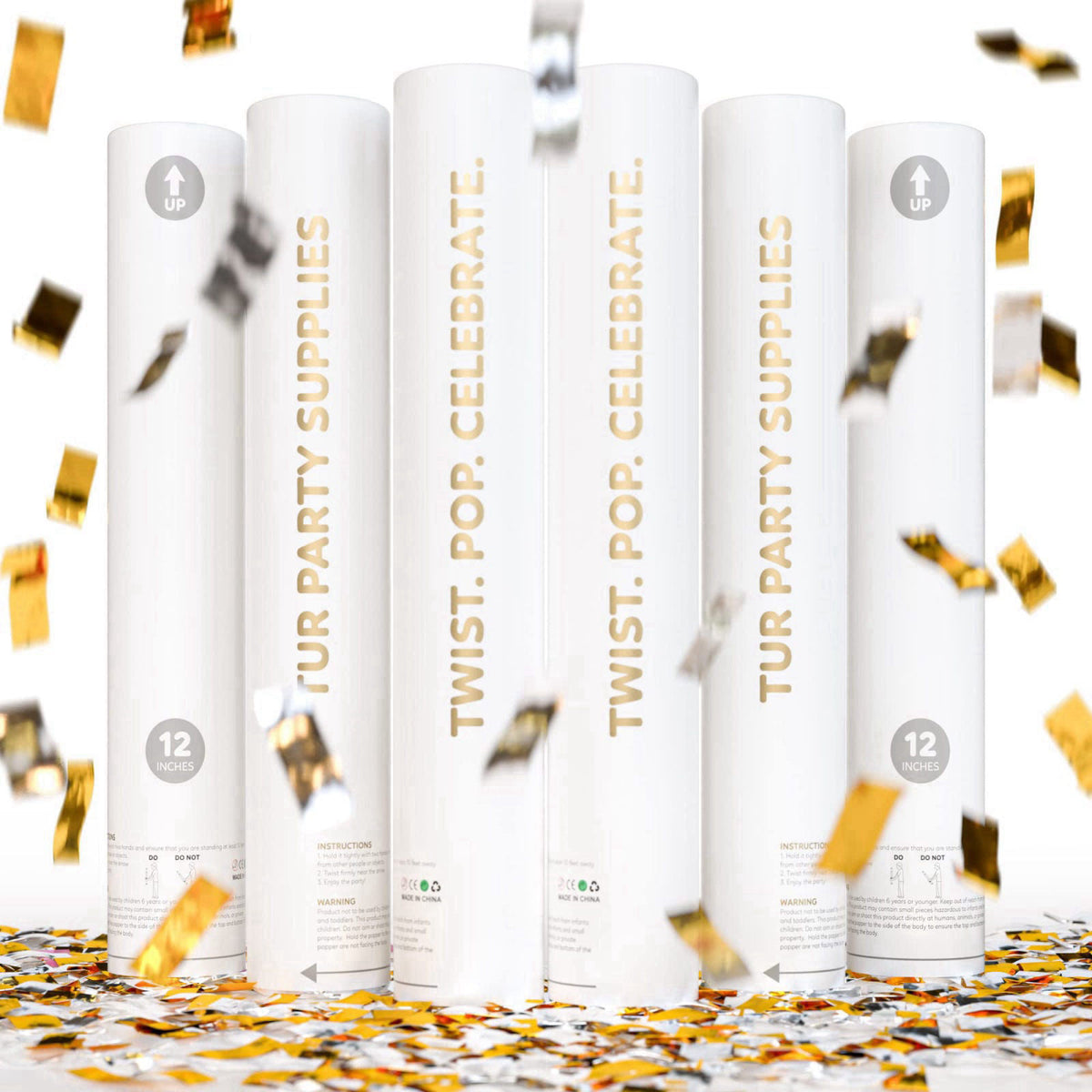 TUR Party Supplies Gold and Silver Confetti Poppers and Cannons, Party Poppers, 6-Pack, 12 in – product photo (Confetti)