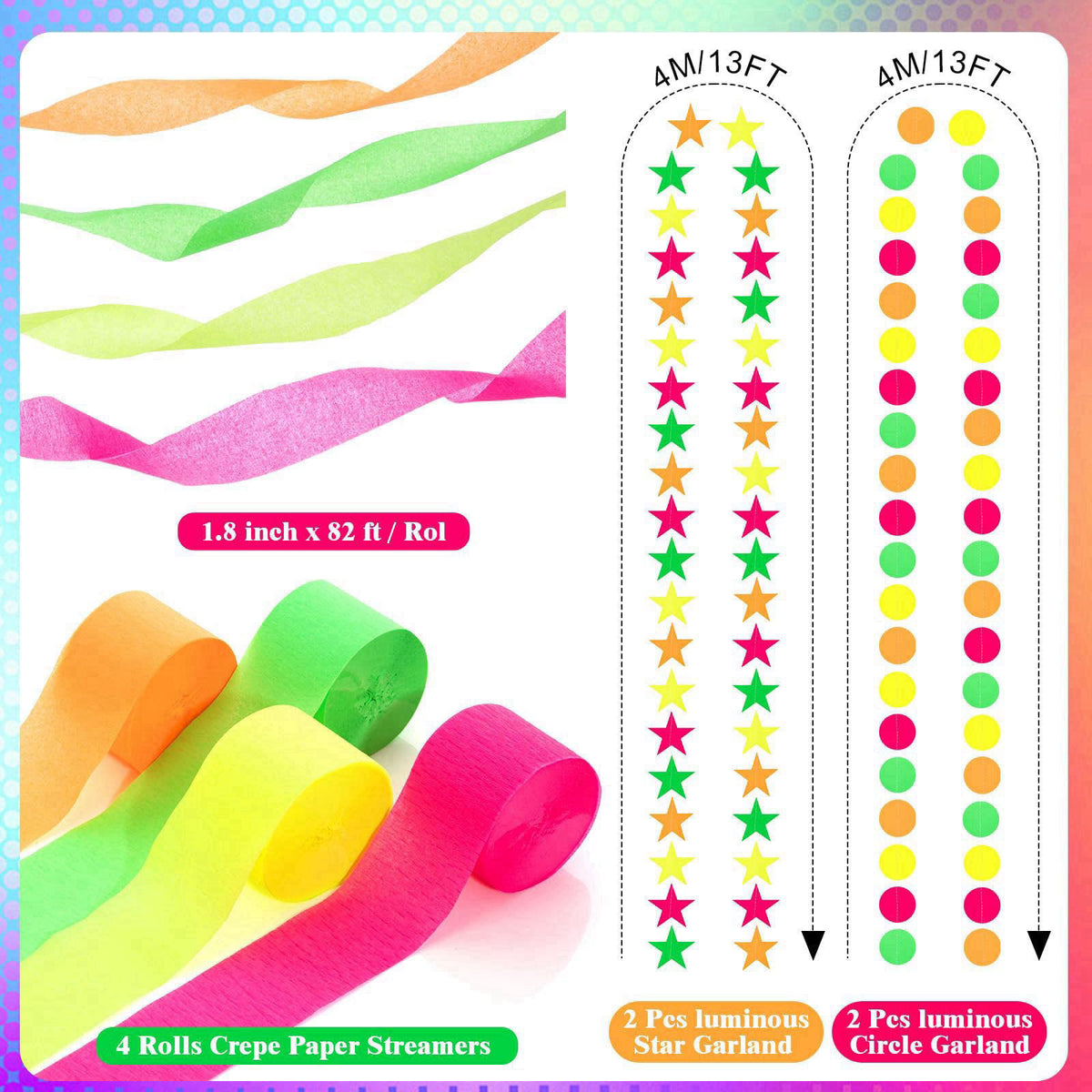 Taobary Neon Party Decorations 600 Sheet Paper Chain for Birthday – back view and specifications