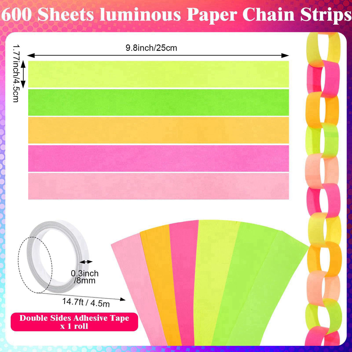 Taobary Neon Party Decorations 600 Sheet Paper Chain for Birthday – alternate angle