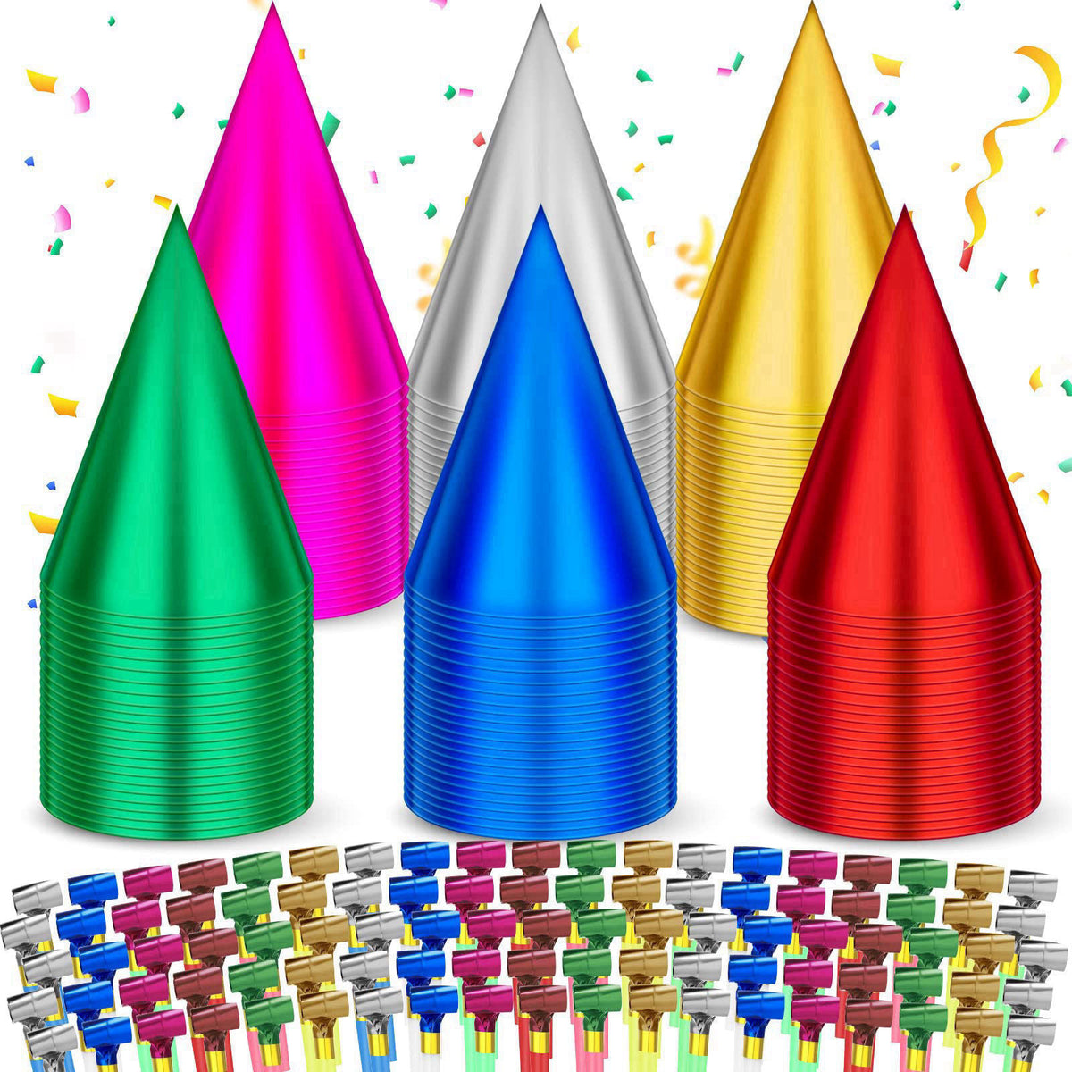 Sotiff 200 Pcs Adults Birthday Party Hat and Blowers Set Metallic Foil Hat – product photo (Headwear)