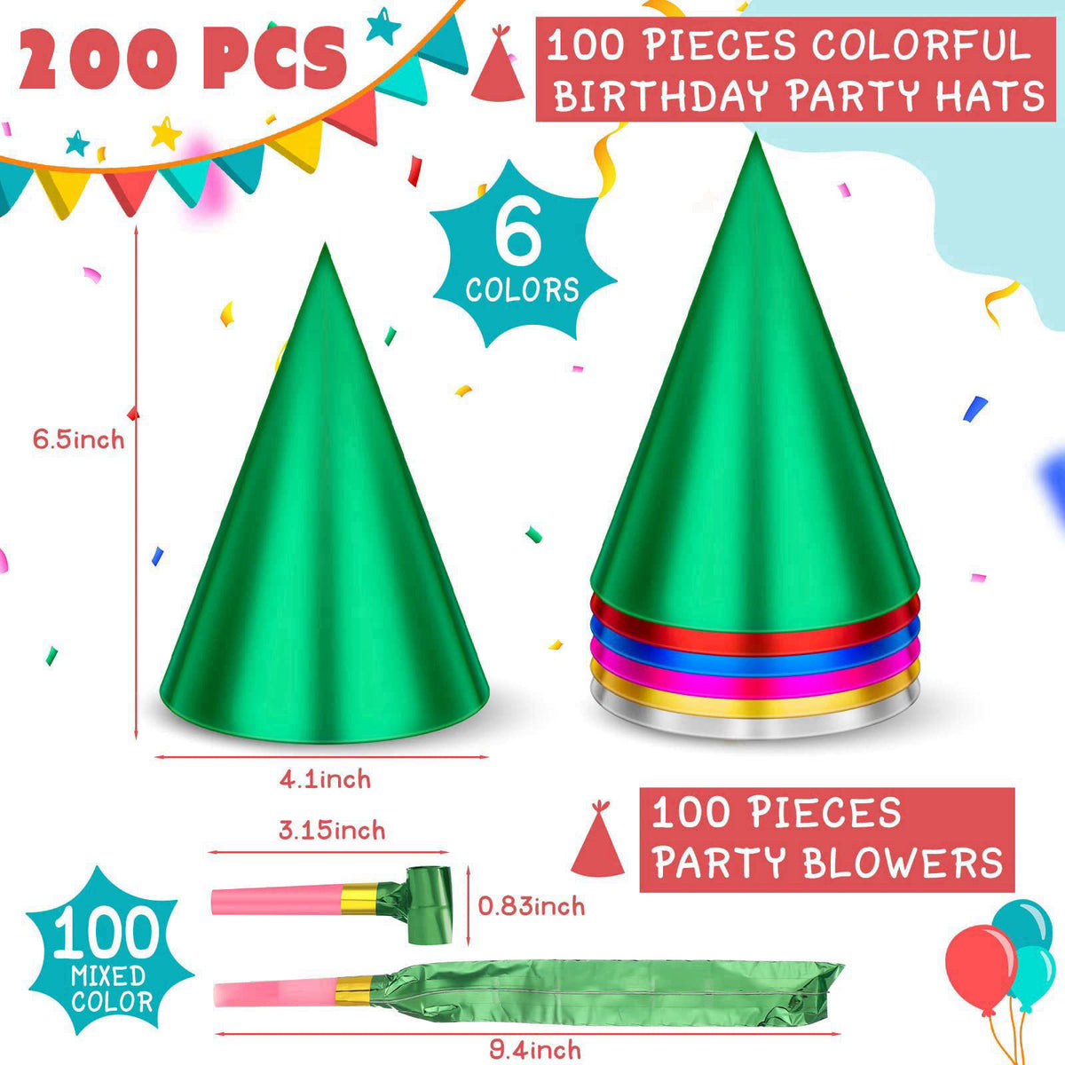 Sotiff 200 Pcs Adults Birthday Party Hat and Blowers Set Metallic Foil Hat – close-up detail