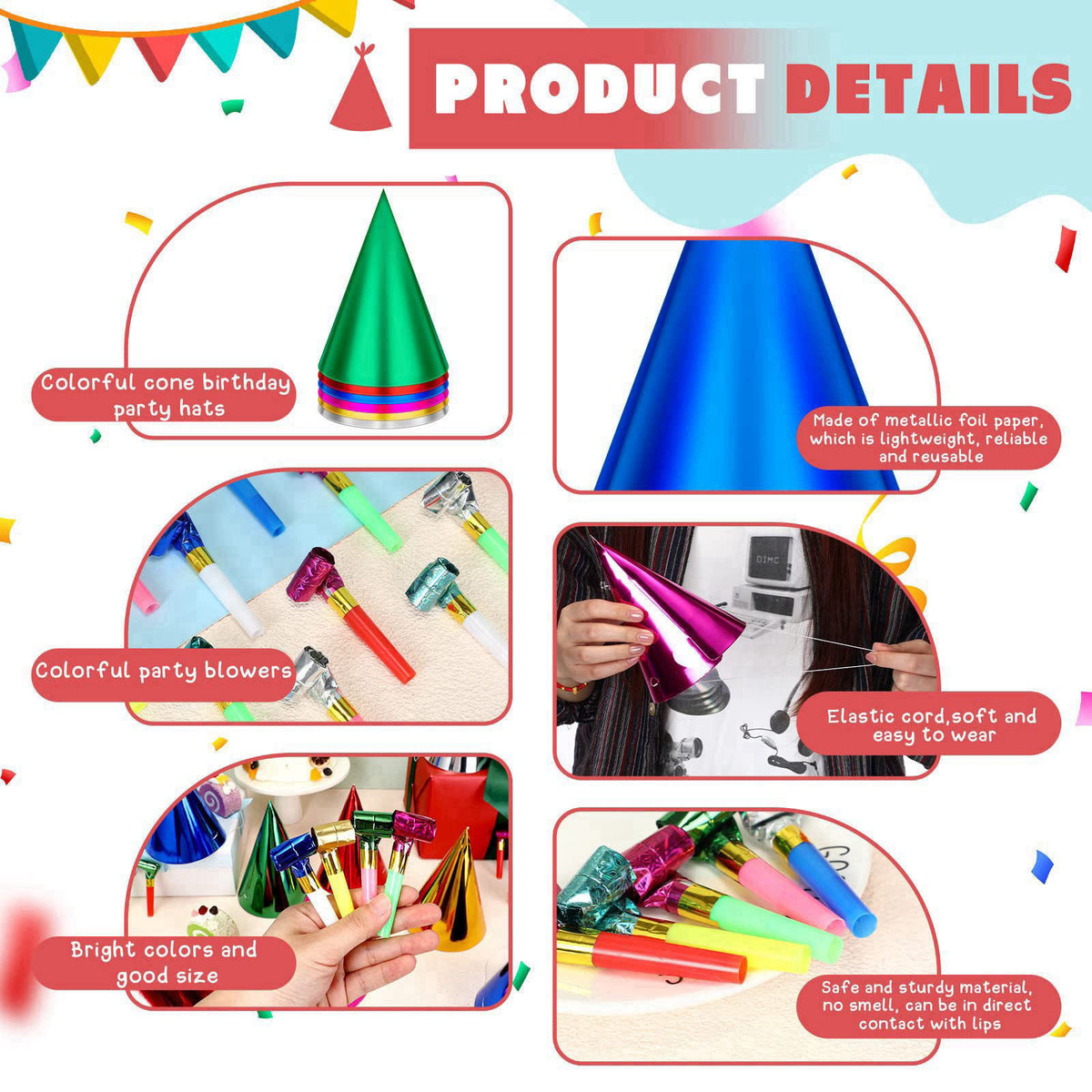 Sotiff 200 Pcs Adults Birthday Party Hat and Blowers Set Metallic Foil Hat – packaging and label