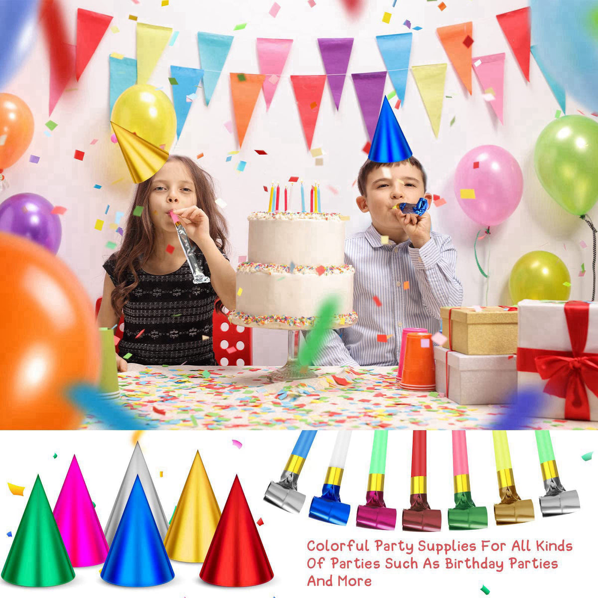 Sotiff 200 Pcs Adults Birthday Party Hat and Blowers Set Metallic Foil Hat – full view