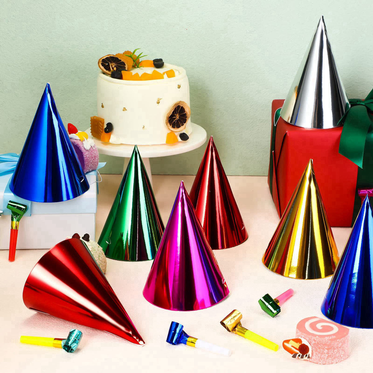 Sotiff 200 Pcs Adults Birthday Party Hat and Blowers Set Metallic Foil Hat – alternate angle