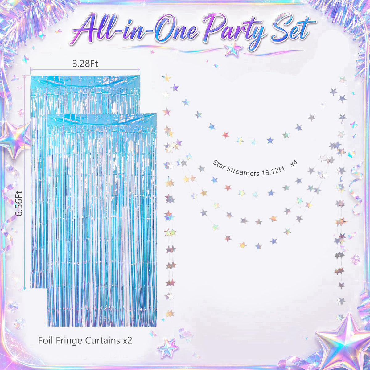 OBreezify Iridescent Party Decorations Holographic Party Supplie for Mermaid Birthday – packaging and label