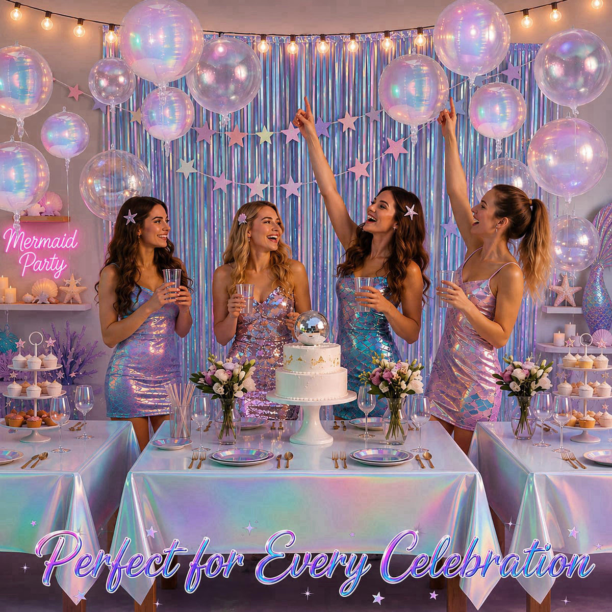 OBreezify Iridescent Party Decorations Holographic Party Supplie for Mermaid Birthday – full view