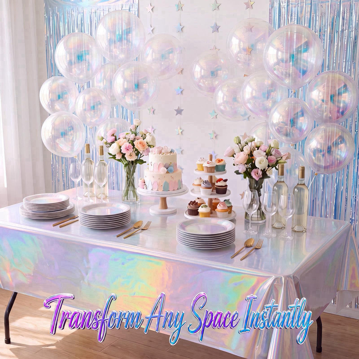 OBreezify Iridescent Party Decorations Holographic Party Supplie for Mermaid Birthday – back view and specifications