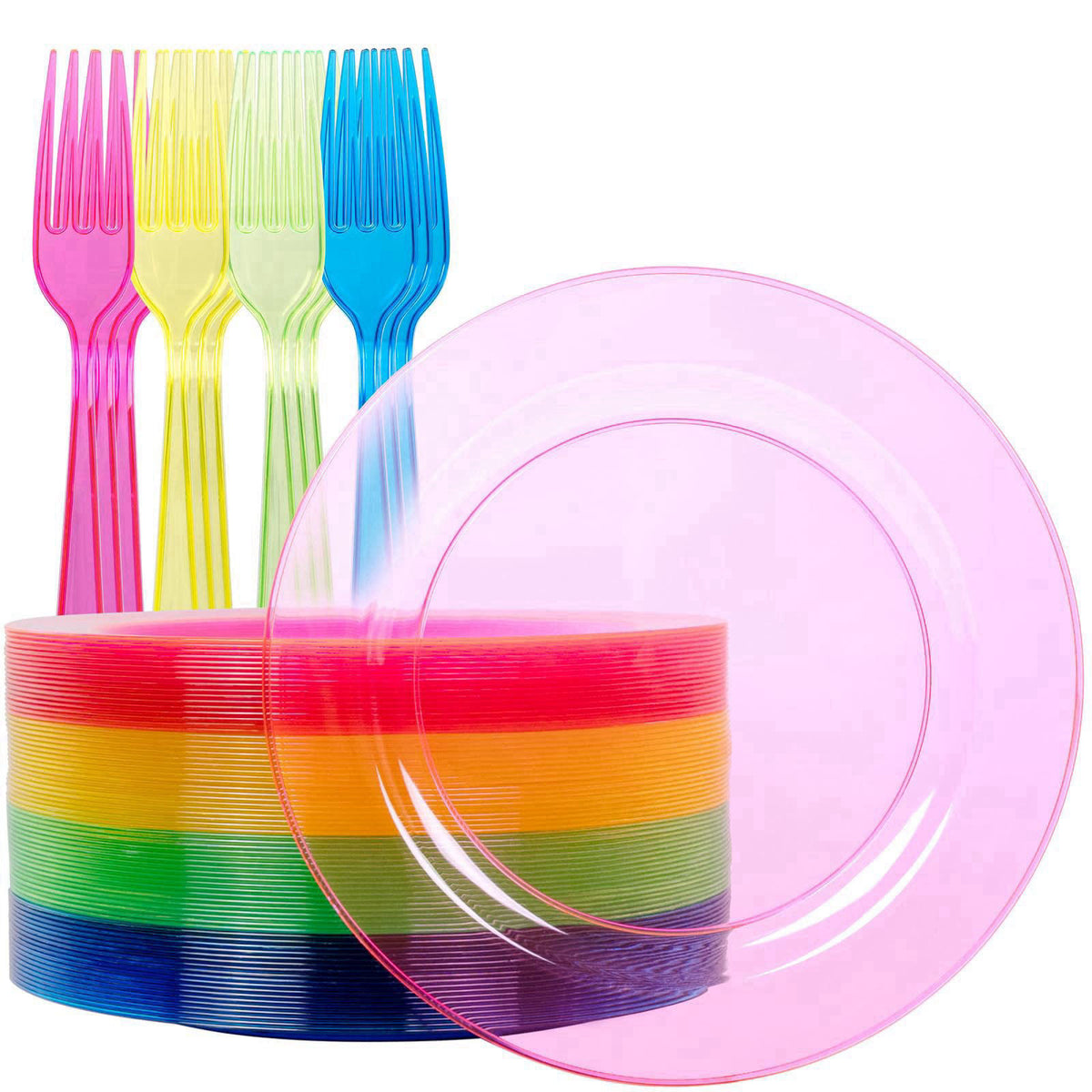 supernal 200Pcs Neon Rainbow 6" Plastic Party Dessert Plates & Forks – close-up detail