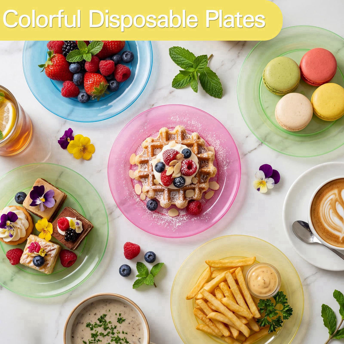 supernal 200Pcs Neon Rainbow 6" Plastic Party Dessert Plates & Forks – full view