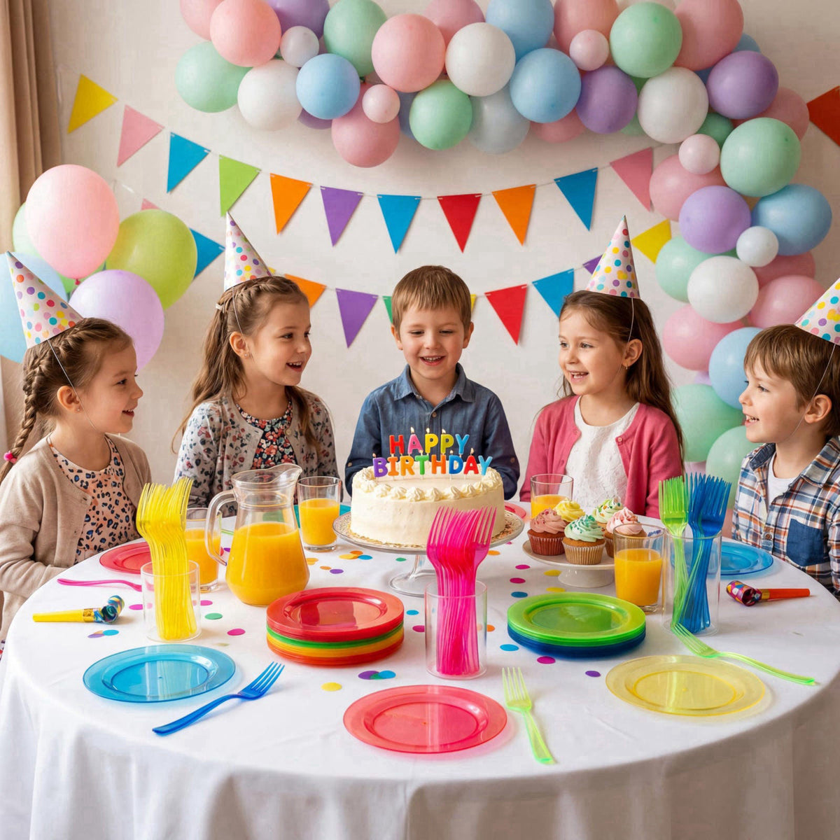 supernal 200Pcs Neon Rainbow 6" Plastic Party Dessert Plates & Forks – back view and specifications