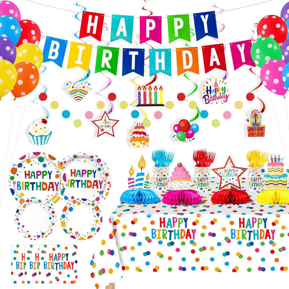 AHCSMRE 155Pcs Colorful Dots Birthday Party Decorations Party Supplies Serve 24