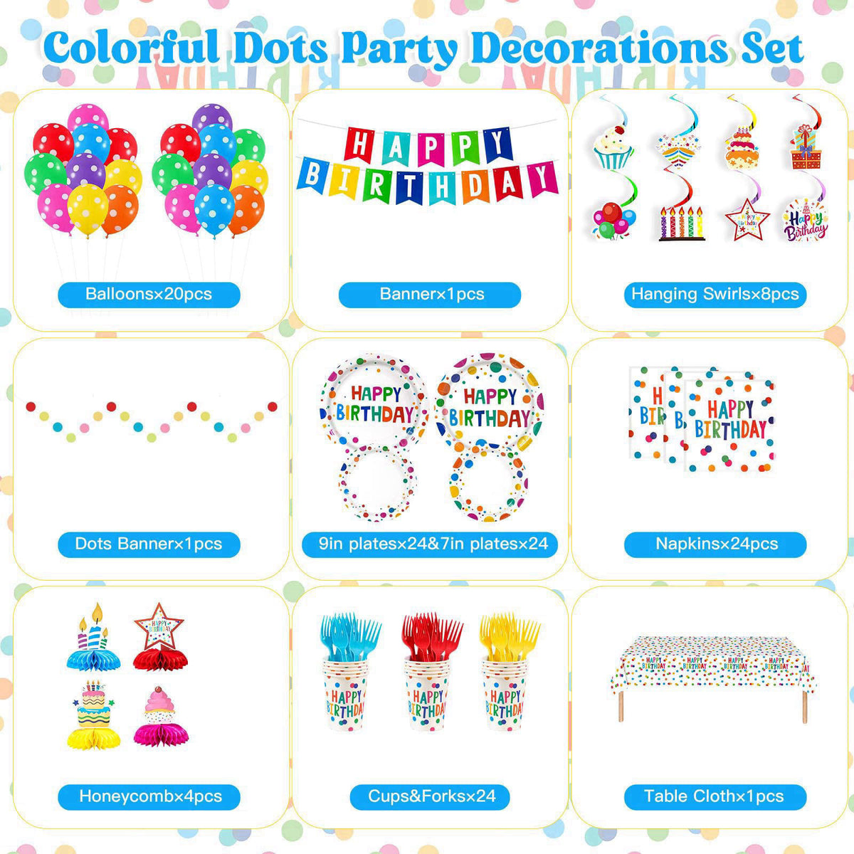 AHCSMRE 155Pcs Colorful Dots Birthday Party Decorations Party Supplies Serve 24 – close-up detail