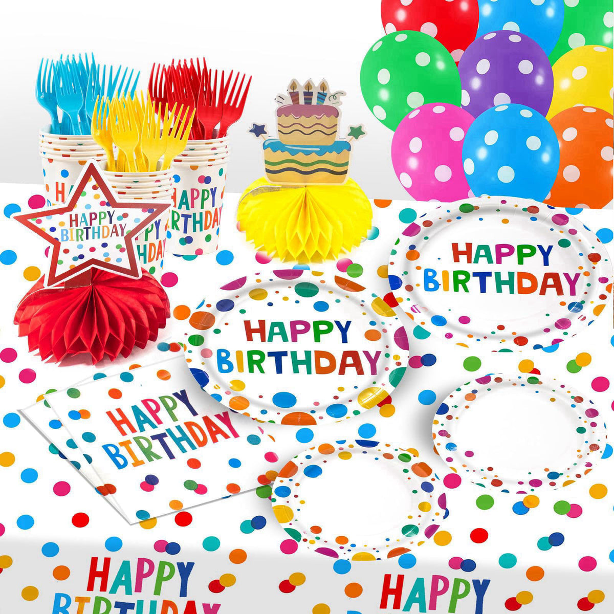 AHCSMRE 155Pcs Colorful Dots Birthday Party Decorations Party Supplies Serve 24 – full view