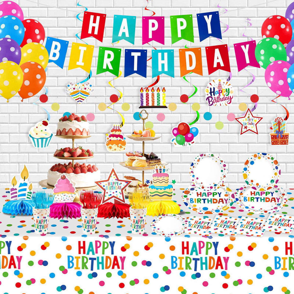 AHCSMRE 155Pcs Colorful Dots Birthday Party Decorations Party Supplies Serve 24 – back view and specifications