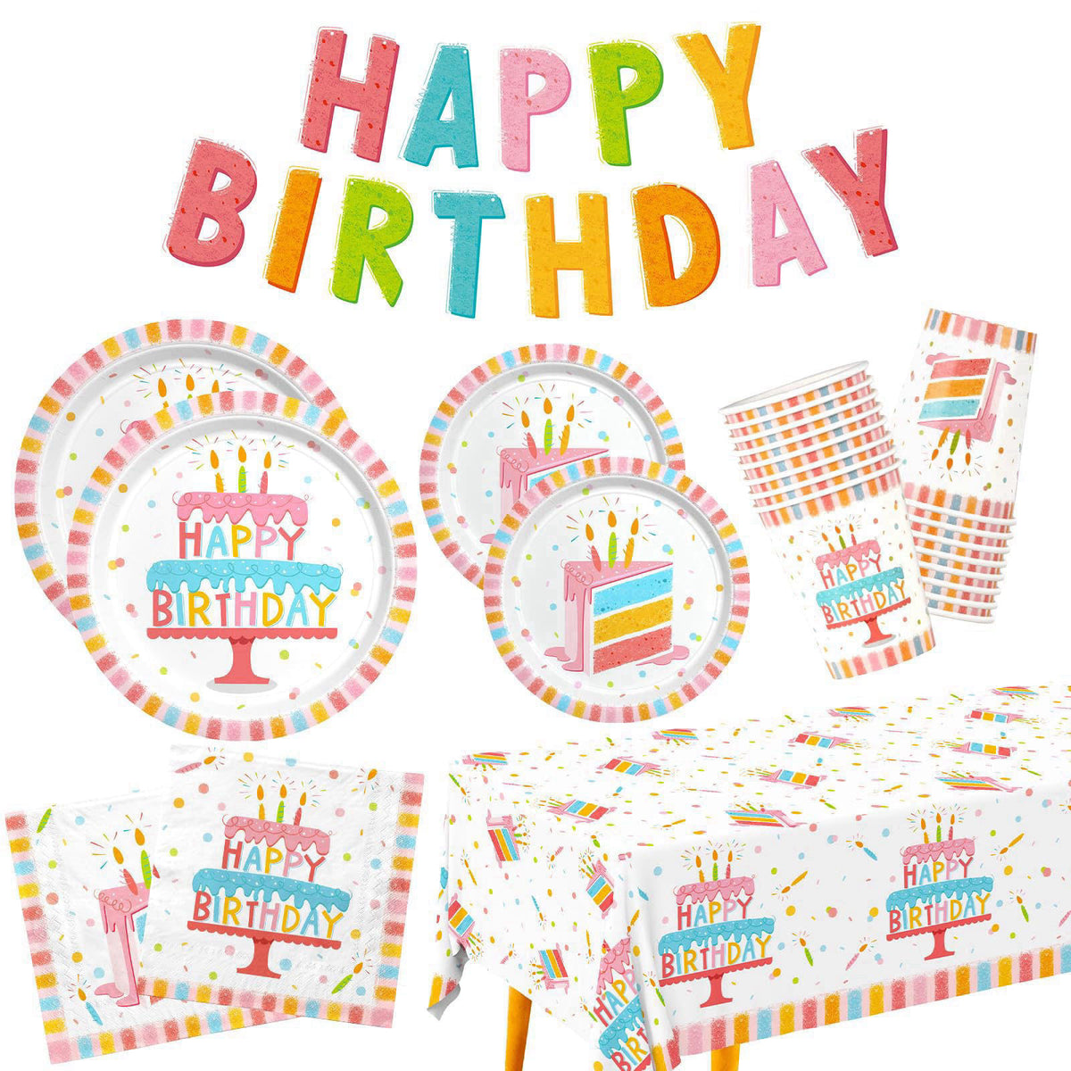 Gatherfun Happy Birthday Party Supplies Set for 25 -Kit with Cake Design Includes Plates, Napkins, Cups, Tablecloth & Ba