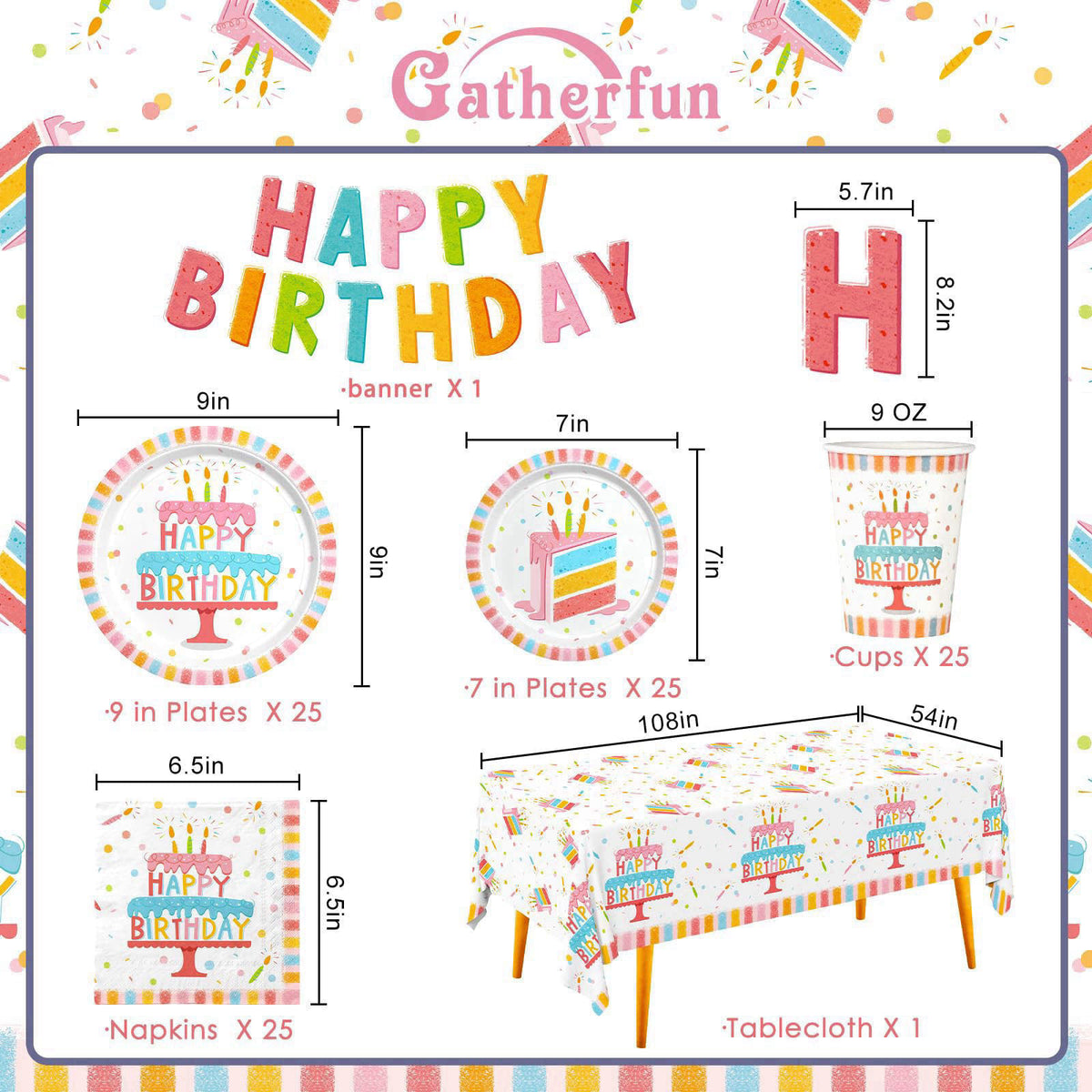 Gatherfun Happy Birthday Party Supplies Set for 25 -Kit with Cake Design Includes Plates, Napkins, Cups, Tablecloth & Ba