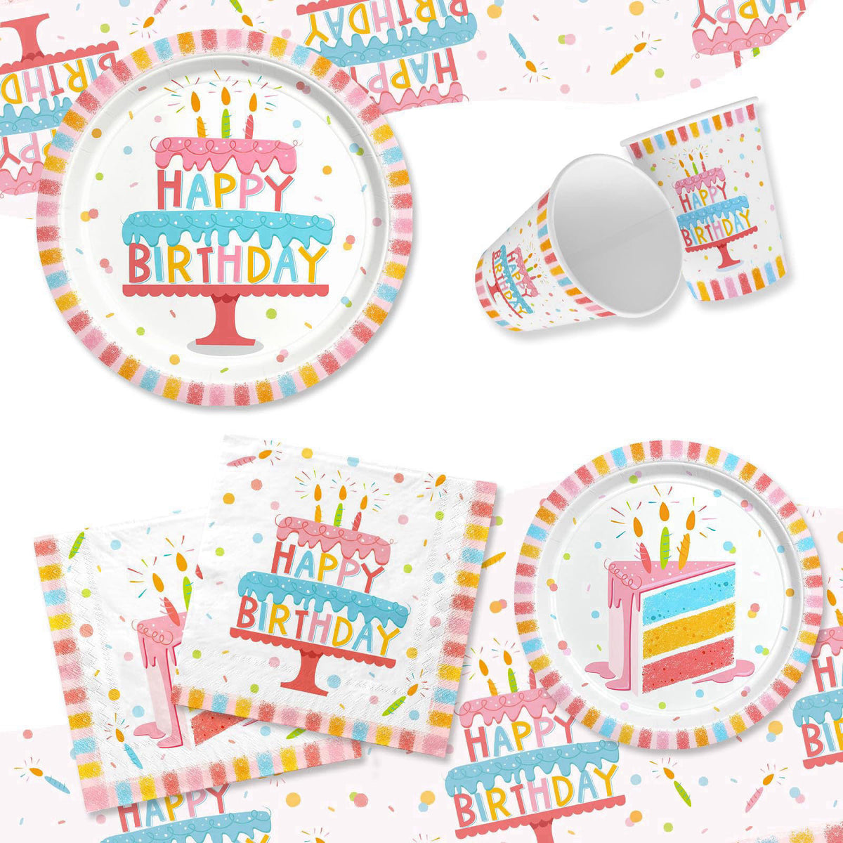 Gatherfun Happy Birthday Party Supplies Set for 25 -Kit with Cake Design Includes Plates, Napkins, Cups, Tablecloth & Ba