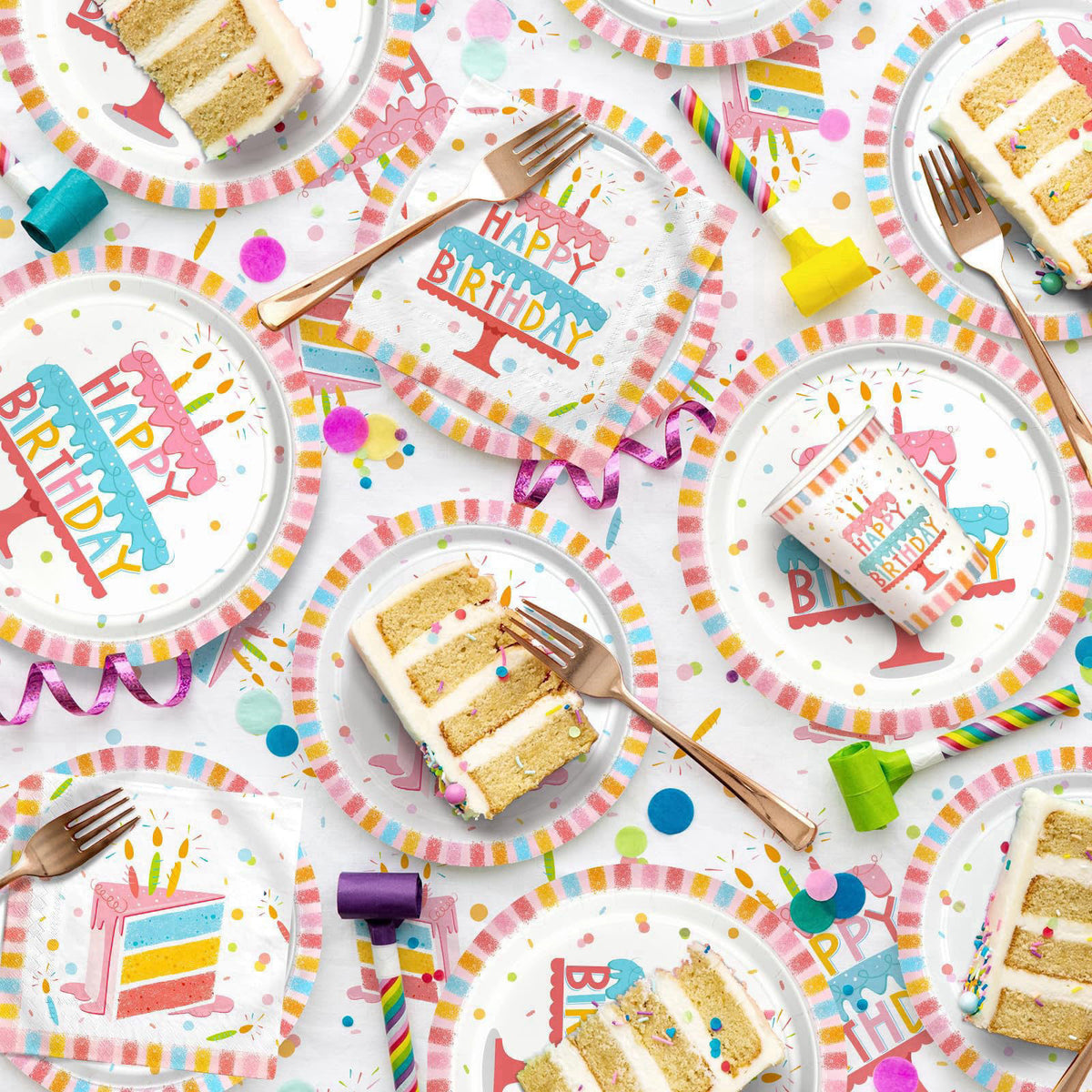 Gatherfun Happy Birthday Party Supplies Set for 25 -Kit with Cake Design Includes Plates, Napkins, Cups, Tablecloth & Ba