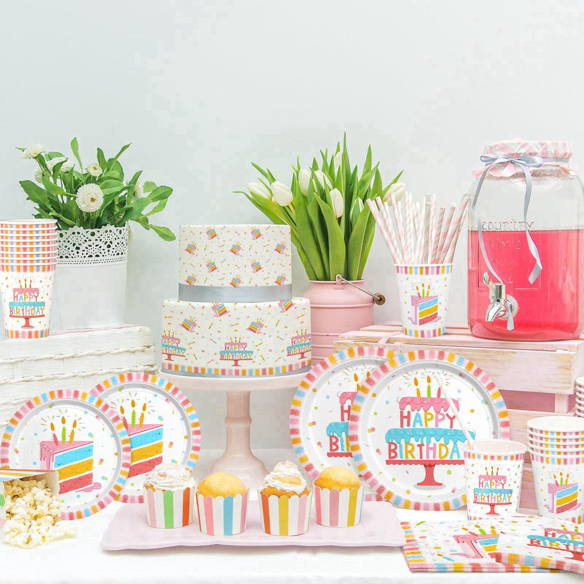 Gatherfun Happy Birthday Party Supplies Set for 25 -Kit with Cake Design Includes Plates, Napkins, Cups, Tablecloth & Ba
