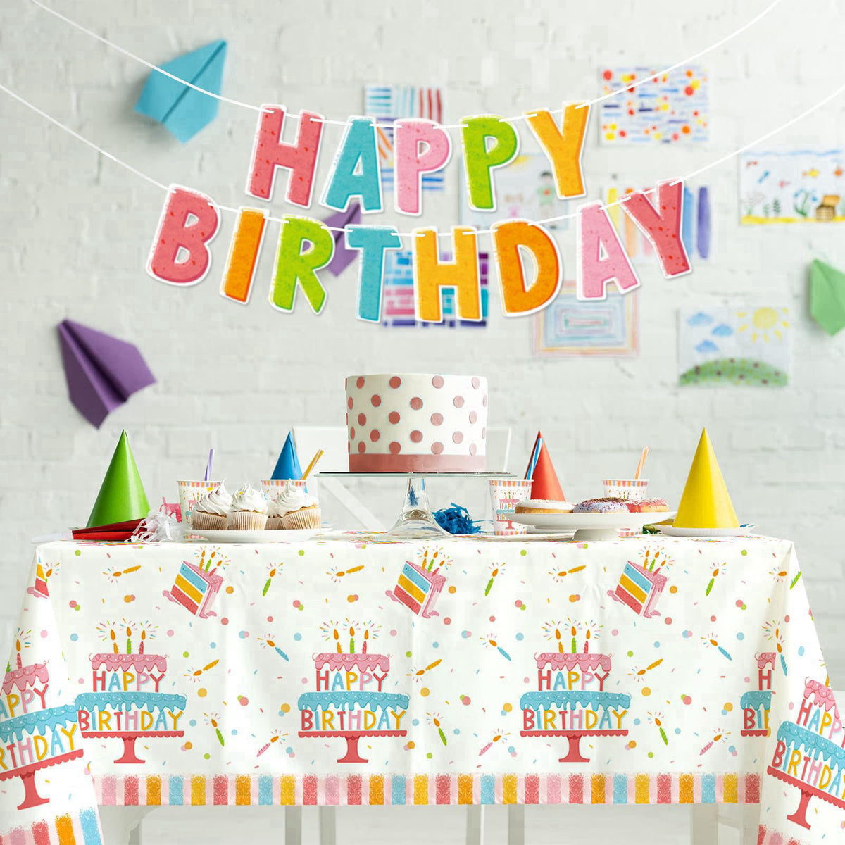 Gatherfun Happy Birthday Party Supplies Set for 25 -Kit with Cake Design Includes Plates, Napkins, Cups, Tablecloth & Ba
