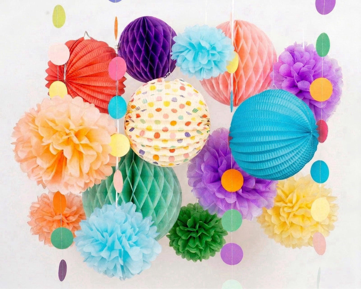 PapaKit Premium Paper Decoration Set - Pom Pom, Honeycomb and Accordion Lantern (Festive Colors) Birthday Party Baby Sho
