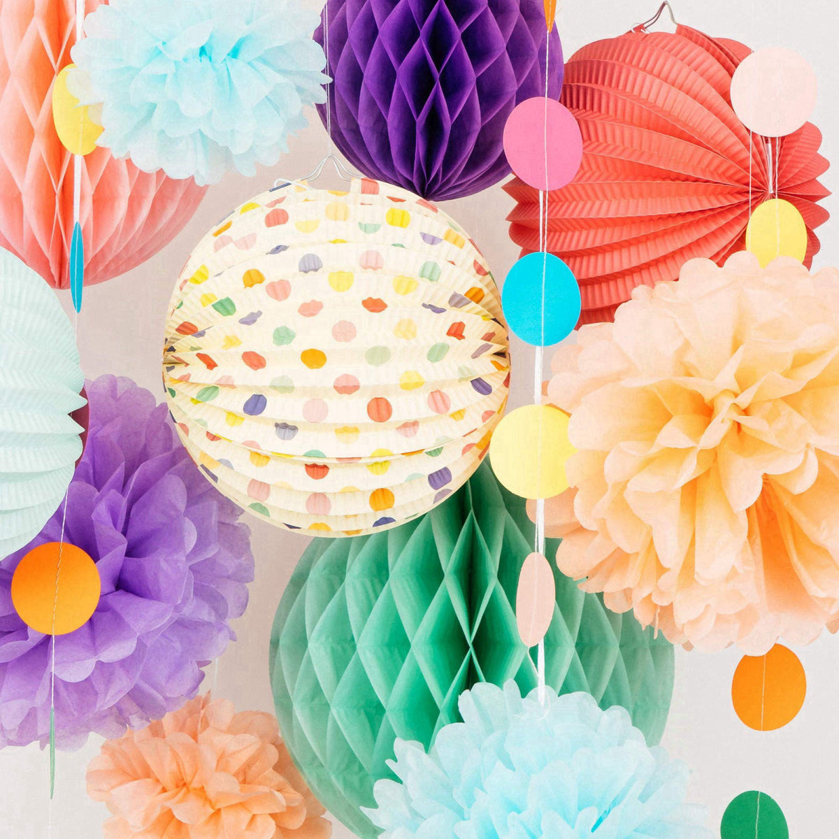 PapaKit Premium Paper Decoration Set - Pom Pom, Honeycomb and Accordion Lantern (Festive Colors) Birthday Party Baby Sho